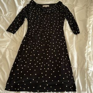 Black and beige polka dot dress, 3/4 sleeve, mini
